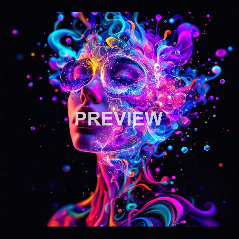 A digital artwork of a woman's face with closed eyes, surrounded by vibrant, swirling, neon-colored smoke and abstract light patterns against a black background.